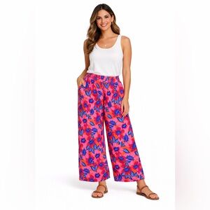 Rose + Olive Pants 3X Pink Floral Palazzo Crop Boho Wide Leg Pull On Coastal